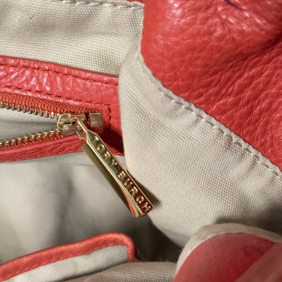 Tory Burch Amanda Red/Orange Pebble Leather Logo Hobo Shoulder Bag No Strap - Picture 9 of 16